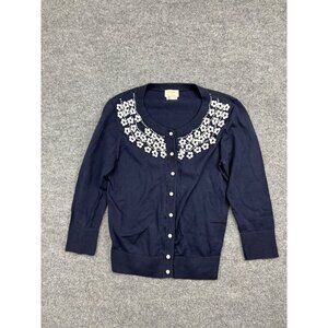 Kate Spade Cardigan Sweater Women's S Blue 3/4 Sleeve Button Up Beaded Flowers